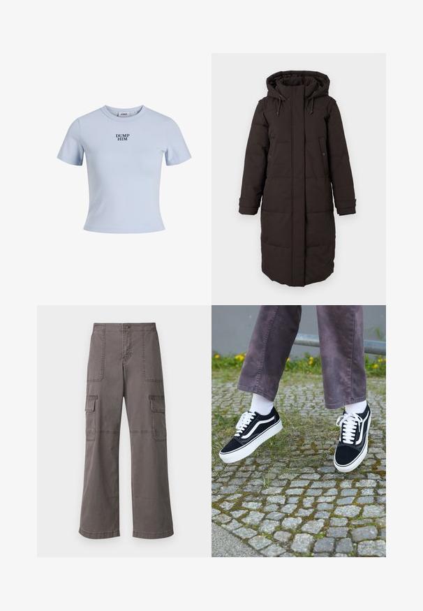 Pikk must polsterdatud talvejope kapuutsi ja esisegmendi tõmblukuga, mis on kaetud klapiga, kaks nööbidest taskut ja reguleeritavad mansetid.; Hele sinine lühikeste var rukatega T-särk, mis on valmistatud pehmest kangast. Omaldab ümmargust kaelust ja tekst "DUMP HIM" trükitud tugevas tumesinises värvitoonis.; Hallitsev harjadest puuvillased cargo püksid laia jala disainiga, millel on kaks eesmist taskut, kaks külgtaskut ja nähtavad õmbluse detailid.; Mustad nubukist spordijalatsid valgete detailidega, millel on ümar nina, paks valge tald ja klassikaline sidumise disain, kantud valgete sokkide ja lilla pükste juurde.