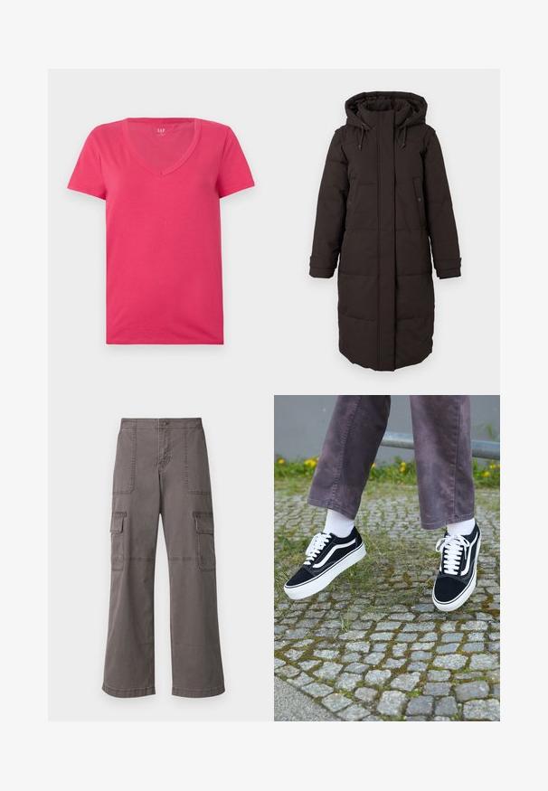 Long manteau d'hiver noir matelassé avec capuche, fermeture éclair à l'avant protégée par un rabat, deux poches à bouton-pression, et poignets ajustables.; T-shirt en coton rose avec un décolleté en V et des manches courtes. Texture douce, design ajusté, sans motifs ni accents visibles.; Pantalons cargo gris en coton avec un design à jambes larges, dotés de deux poches avant, de deux poches latérales et de détails de couture visibles.; Baskets en suède noir avec des accents blancs, présentant un bout rond, une semelle blanche épaisse et un design classique à lacets, portées avec des chaussettes blanches et un pantalon violet.