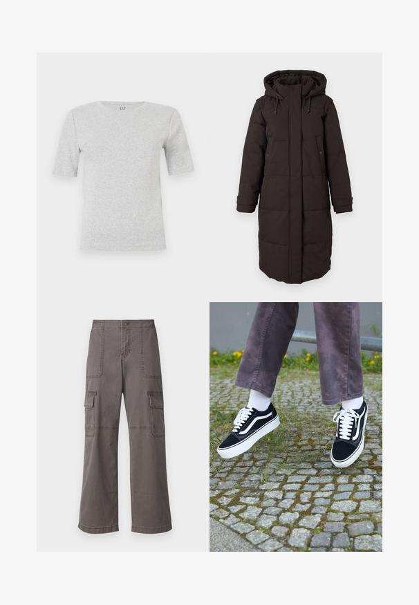 Lang svart polstret vinterjakke med hette, frontglidelås dekket av klaff, to trykknapp-lommer og justerbare mansjettstriper.; Grå kortermet t-skjorte laget av myk bomullsblanding, med rund hals og minimale sømdetaljer. Logo vist ved halsen.; Grå cargobukser laget av bomull med et bredt ben-design, med to frontlommer, to sidelommer og synlige sømdetaljer.; Svarte semskede joggesko med hvite detaljer, med rund tå, tykk hvit såle og klassisk snøring, båret med hvite sokker og lilla bukser.