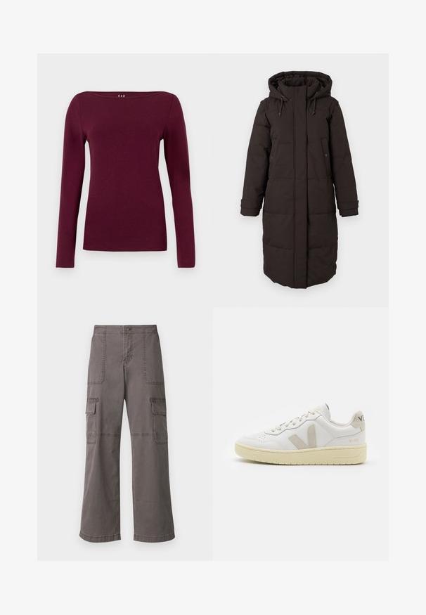 Long black padded winter coat with hood, front zipper covered by flap, two snap-button pockets, and adjustable cuff straps.; Long-sleeve, crew neck women's top in solid deep burgundy, made of smooth, fitted fabric.; Gray cargo pants made of cotton with a wide leg design, featuring two front pockets, two side pockets, and visible stitching details.; White leather sneaker with beige suede accents, perforated toe box, flat laces, and a textured cream sole. Features subtle branding on heel.