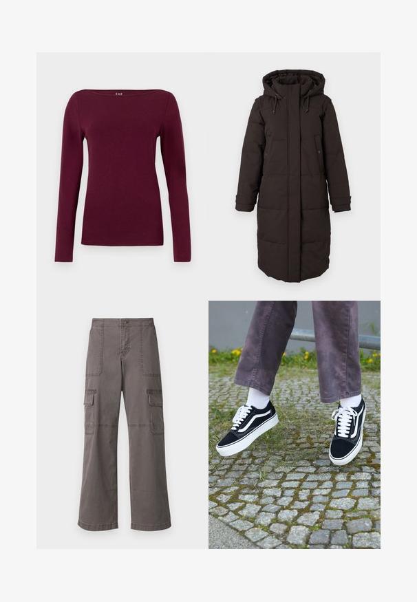 Dolga črna podložena zimska bunda s kapuco, sprednji zadrge prekrite s klapnio, dvema žepoma na gumbe in prilagodljivimi zapestnimi trakovi.; Ženska majica z dolgimi rokavi in krojačkim ovratnikom v temno burgundski barvi, izdelana iz gladkega, priležečega materiala.; Sive cargo hlače iz bombaža z širokim krojem, ki imajo dva sprednja žepa, dva stranska žepa in vidne šivanske detajle.; Črne semiš teniske z belimi akcenti, s krožno prstom, debelim belim podplatom in klasičnim vezanjem, nošene z belimi nogavicami in vijoličnimi hlačami.