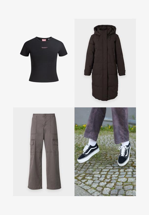 Hosszú fekete párnázott télikabát kapucnival, elülső cipzárral, amelyet fedél rejt, két patentgombos zsebbel és állítható mandzsettával.; Fekete, rövid ujjú póló, sima pamutból készült, testhezálló fazonnal, az elején rózsaszín szöveggel: "Nem velem van a baj, hanem veled."; Szürke, pamutból készült cargo nadrág széles lábbal, két elülső zsebbel, két oldalsó zsebbel és látható varrási részletekkel.; Fekete velúr sportcipő, fehér díszítéssel, lekerekített orral, vastag fehér talppal és klasszikus, fűzős kialakítással, fehér zoknival és lila nadrággal viselve.