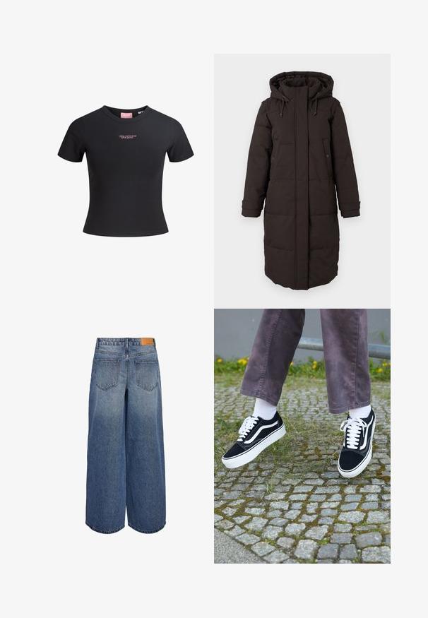 Dlhý čierny zateplený zimný kabát s kapucňou, predný zips zakrytý chlopňou, dve vrecká na cvoky a nastaviteľné manžety.; Čierne tričko s krátkymi rukávmi z hladkej bavlny, s priliehavým strihom a ružovým nápisom "Nie som to ja, si to ty" na prednej strane.; Džínové culottes s širokými nohavicami v stredne modrom opraní, so svetlovým vzhľadom, obsahujúcimi dve zadné vrecká a hnedú koženú brand značku na páse.; Čierne semišové tenisky s bielymi akcentmi, s okrúhlou špičkou, hrubou bielou podrážkou a klasickým šnurovacím dizajnom, kombinované s bielymi ponožkami a fialovými nohavicami.