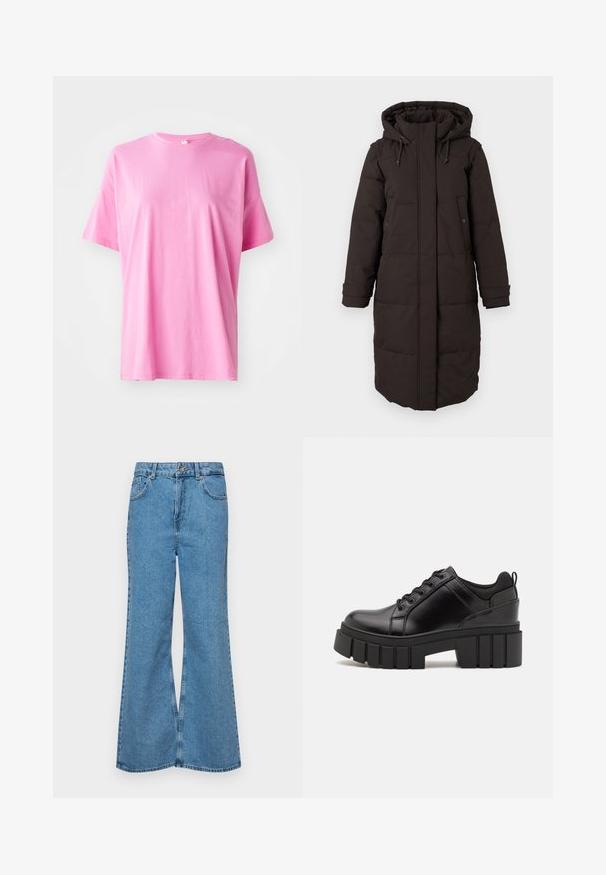 Long black padded winter coat with hood, front zipper covered by flap, two snap-button pockets, and adjustable cuff straps.; Pink cotton t-shirt with short sleeves, a round neckline, and a relaxed fit. Minimal seams and smooth texture with no visible patterns.; Light blue flared jeans made of denim, featuring a high waist, five pockets, and a single button closure. Soft texture with faded finish.; Black leather platform shoes with a chunky block heel, round toe, and traditional lace-up design. Features smooth texture and minimal detailing.