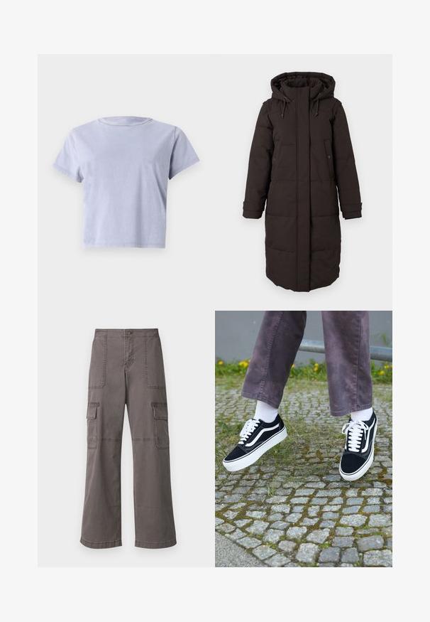 Ilgas juodas pūkuotas žieminis paltas su kapišonu, priekinis užtrauktukas uždengtas sklende, dvi mygtukų kišenės ir reguliuojami rankogaliai.; Trumpas rankovėmis, apvali apykaklė, šviesiai levandų spalvos marškinėliai. Pagaminti iš švelnaus medvilnės, su laisvu kirpimu ir paprastu dizainu be raštų ar puošmenų.; Pilkos spalvos medvilninės cargo kelnės su plačiais šonais, turinčios dvi priekinės kišenes, dvi šonines kišenes ir matomas siuvimo detales.; Juoda zomšiniai sportbačiai su baltais akcentais, suapvalintu pirštu, storu baltu padu ir klasikinis raištelių dizainas, užsidėti su baltomis kojinėmis ir purpurinėmis kelnėmis.