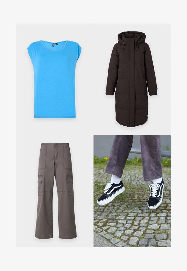 Caban lung din material padding negru, cu glugă, fermoar frontal acoperit de o clapetă, două buzunare cu capse și curele de ajustare la mânici.; Top scurt de culoare albastră cu decolteu în formă de V, realizat dintr-un material moale, având un stil simplu și o textură lipsită de embellisment.; Pantaloni cargo gri, din bumbac, cu un design cu picioare largi, având două buzunare frontale, două buzunare laterale și detalii de cusătură vizibile.; Adidași negri din suede cu accente albe, având vârful rotunjit, talpă groasă albă și un design clasic cu șireturi, purtați cu șosete albe și pantaloni mov.