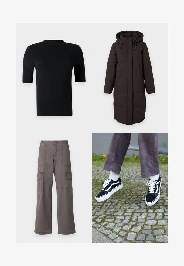 Dlhý čierny zateplený zimný kabát s kapucňou, predný zips zakrytý chlopňou, dve vrecká na cvoky a nastaviteľné manžety.; Čierne krátke rukávy turtleneck tričko vyrobené z hladkej tkaniny, s priliehajúcim strihom, vysokým golierom a bez viditeľných vzorov alebo akcentov.; Šedé cargo nohavice z bavlny s širokým strihom, ktoré majú dve predné vrecká, dve bočné vrecká a viditeľné steh.; Čierne semišové tenisky s bielymi akcentmi, s okrúhlou špičkou, hrubou bielou podrážkou a klasickým šnurovacím dizajnom, kombinované s bielymi ponožkami a fialovými nohavicami.