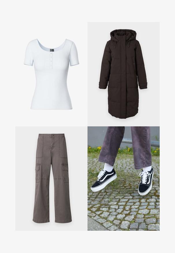 Lang svart polstret vinterjakke med hette, frontglidelås dekket av klaff, to trykknapp-lommer og justerbare mansjettstriper.; Pieces PCKITTE - T-shirts - bright white; Grå cargobukser laget av bomull med et bredt ben-design, med to frontlommer, to sidelommer og synlige sømdetaljer.; Svarte semskede joggesko med hvite detaljer, med rund tå, tykk hvit såle og klassisk snøring, båret med hvite sokker og lilla bukser.