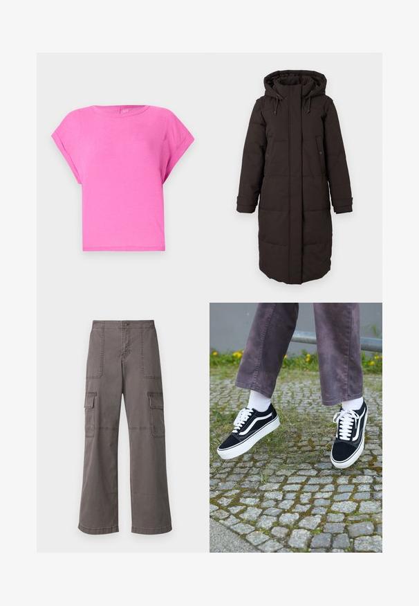Pikk must polsterdatud talvejope kapuutsi ja esisegmendi tõmblukuga, mis on kaetud klapiga, kaks nööbidest taskut ja reguleeritavad mansetid.; Roosa puuvillane T-särk, millel on lõdva istuvusega, ümmargune kaelus ja lühikesed varrukad. Sile tekstuur ja lihtne disain, ilma nähtavate mustrite või aktsentideta.; Hallitsev harjadest puuvillased cargo püksid laia jala disainiga, millel on kaks eesmist taskut, kaks külgtaskut ja nähtavad õmbluse detailid.; Mustad nubukist spordijalatsid valgete detailidega, millel on ümar nina, paks valge tald ja klassikaline sidumise disain, kantud valgete sokkide ja lilla pükste juurde.