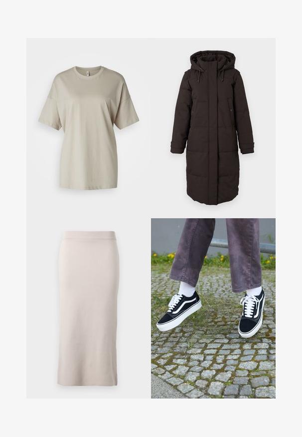 Lange zwarte gewatteerde winterjas met capuchon, voorzijde met rits bedekt door een flap, twee drukknoopzakken en verstelbare manchetten.; Beige t-shirt gemaakt van zacht katoen, met een ronde hals, korte mouwen en een ontspannen pasvorm met een rechte zoom.; Gebreide kokerrok in lichtbeige kleur, met een geribbelde tailleband, een slim fit en een zijsplit voor bewegingsgemak. Zachte textuur, minimalistisch ontwerp.; Zwarte suède sneakers met witte accenten, met een ronde neus, dikke witte zool en klassieke vetersluiting, gedragen met witte sokken en paarse broek.