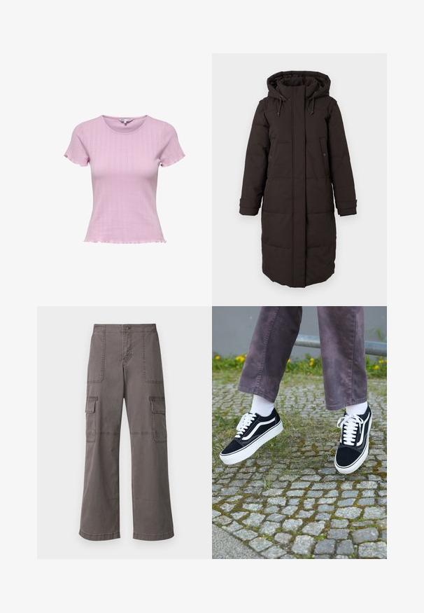 Long black padded winter coat with hood, front zipper covered by flap, two snap-button pockets, and adjustable cuff straps.; Light pink knitted short-sleeve top with a fitted shape, ribbed texture, and a wavy hem. Subtle patterned details enhance the design.; Gray cargo pants made of cotton with a wide leg design, featuring two front pockets, two side pockets, and visible stitching details.; Black suede sneakers with white accents, featuring a rounded toe, thick white sole, and classic lace-up design, worn with white socks and purple pants.