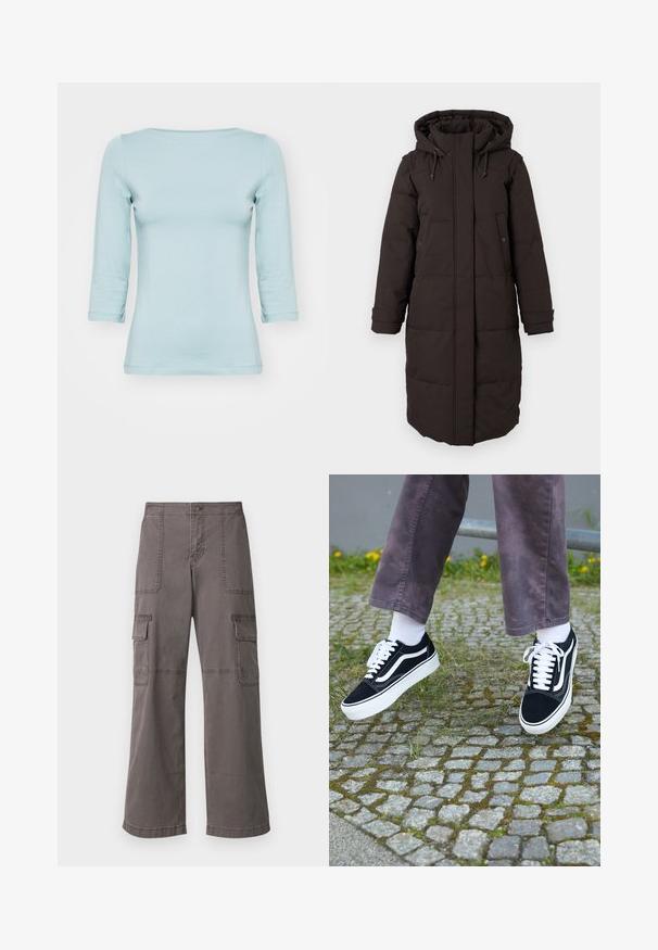 Pikk must polsterdatud talvejope kapuutsi ja esisegmendi tõmblukuga, mis on kaetud klapiga, kaks nööbidest taskut ja reguleeritavad mansetid.; Hele sinine, 3/4 varrukatega särk, mis on valmistatud pehmest materjalist. Omab ümarat kaelust ja kergelt lihvitud siluetti. Ühendamata konstruktsioon ilma mustriteta.; Hallitsev harjadest puuvillased cargo püksid laia jala disainiga, millel on kaks eesmist taskut, kaks külgtaskut ja nähtavad õmbluse detailid.; Mustad nubukist spordijalatsid valgete detailidega, millel on ümar nina, paks valge tald ja klassikaline sidumise disain, kantud valgete sokkide ja lilla pükste juurde.