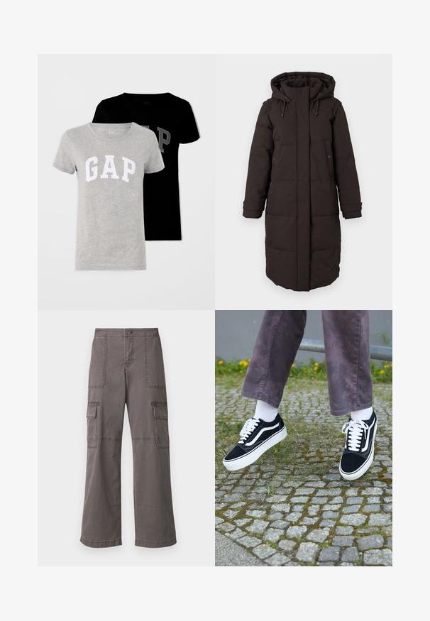 Pikk must polsterdatud talvejope kapuutsi ja esisegmendi tõmblukuga, mis on kaetud klapiga, kaks nööbidest taskut ja reguleeritavad mansetid.; Kaks lühikese varrukaga T-särki, üks hall valge "GAP" logoga ja teine must halli logoga. Mõlemad on valmistatud pehmest puuvillakangast.; Hallitsev harjadest puuvillased cargo püksid laia jala disainiga, millel on kaks eesmist taskut, kaks külgtaskut ja nähtavad õmbluse detailid.; Mustad nubukist spordijalatsid valgete detailidega, millel on ümar nina, paks valge tald ja klassikaline sidumise disain, kantud valgete sokkide ja lilla pükste juurde.