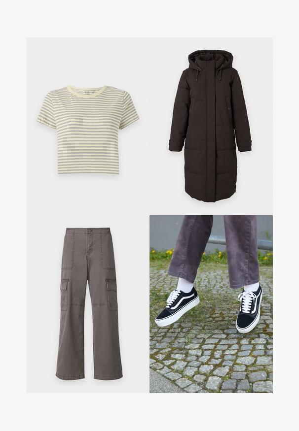 Long black padded winter coat with hood, front zipper covered by flap, two snap-button pockets, and adjustable cuff straps.; Yellow striped t-shirt with blue horizontal lines, round neckline, short sleeves, and a cropped fit. Soft cotton material, simple design.; Gray cargo pants made of cotton with a wide leg design, featuring two front pockets, two side pockets, and visible stitching details.; Black suede sneakers with white accents, featuring a rounded toe, thick white sole, and classic lace-up design, worn with white socks and purple pants.