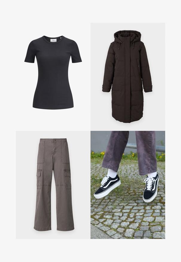 Caban lung din material padding negru, cu glugă, fermoar frontal acoperit de o clapetă, două buzunare cu capse și curele de ajustare la mânici.; Tricou negru cu mânecă scurtă, cu decolteu rotund. Fabricat dintr-un material moale și elastic, cu o textură subtilă și o siluetă ajustată.; Pantaloni cargo gri, din bumbac, cu un design cu picioare largi, având două buzunare frontale, două buzunare laterale și detalii de cusătură vizibile.; Adidași negri din suede cu accente albe, având vârful rotunjit, talpă groasă albă și un design clasic cu șireturi, purtați cu șosete albe și pantaloni mov.