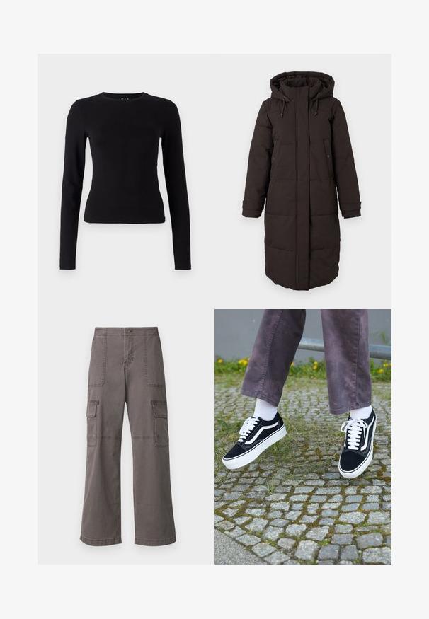 Long black padded winter coat with hood, front zipper covered by flap, two snap-button pockets, and adjustable cuff straps.; Black long-sleeve top made of soft, lightweight cotton. Fitted design with a crew neck and straight hem, featuring no visible patterns or accents.; Gray cargo pants made of cotton with a wide leg design, featuring two front pockets, two side pockets, and visible stitching details.; Black suede sneakers with white accents, featuring a rounded toe, thick white sole, and classic lace-up design, worn with white socks and purple pants.