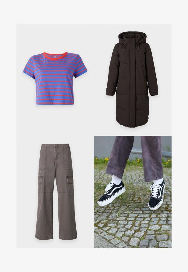 Garšs melns pildīts ziemas mētelis ar kapuci, priekšējais rāvējslēdzis pārklāts ar atloku, divas pogu kabatas un regulējami aproču siksniņas.; Ierobežota t-kreklā ar zilām un sarkanām horizontālām joslām. Tam ir apaļa sarkana kakla izgriezuma forma un īsas piedurknes, izgatavots no maiga kokvilnas materiāla.; Pelēkas kokvilnas bikses ar platām kājām, kas piedāvā divas priekšējās kabatas, divas sānu kabatas un redzamās šūšanas detaļas.; Melni zamšādas sporta apavi ar baltiem akcentiem, ar apaļu purngalu, biezu baltu zoli un klasisku šņorēšanas dizainu, uzvilkti ar baltām zeķēm un violetām biksēm.