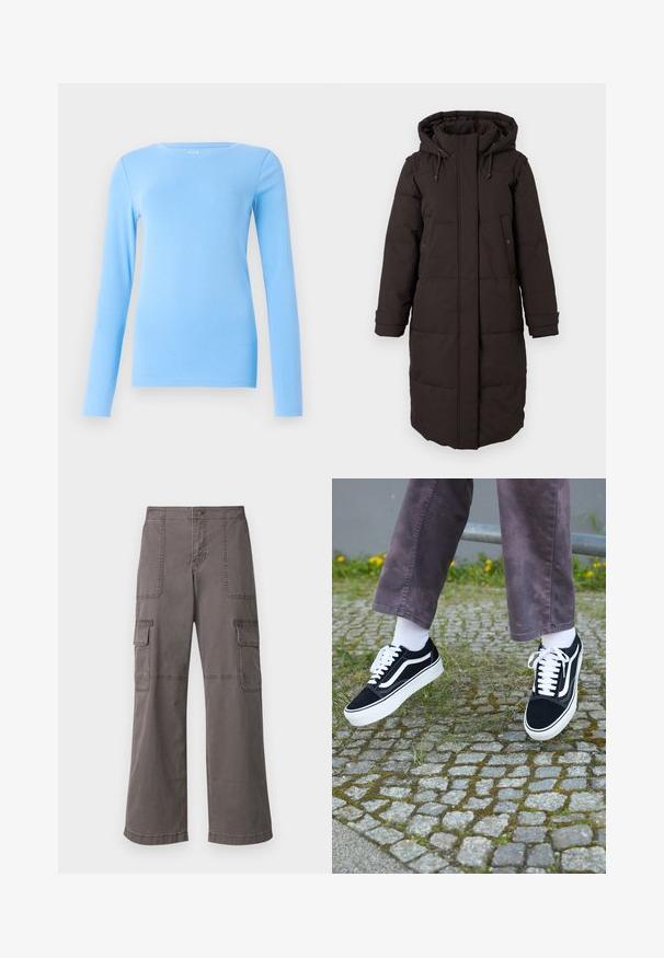 Long black padded winter coat with hood, front zipper covered by flap, two snap-button pockets, and adjustable cuff straps.; GAP CREW - Long sleeved top - union blue; Gray cargo pants made of cotton with a wide leg design, featuring two front pockets, two side pockets, and visible stitching details.; Black suede sneakers with white accents, featuring a rounded toe, thick white sole, and classic lace-up design, worn with white socks and purple pants.