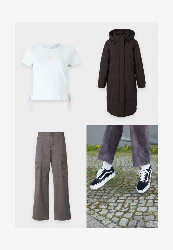 Hosszú fekete párnázott télikabát kapucnival, elülső cipzárral, amelyet fedél rejt, két patentgombos zsebbel és állítható mandzsettával.; Világoskék pamut póló rövid ujjakkal, oldalsó megkötőkkel és hímzett százszorszép mintával, alatta a "Mosoly" felirattal.; Szürke, pamutból készült cargo nadrág széles lábbal, két elülső zsebbel, két oldalsó zsebbel és látható varrási részletekkel.; Fekete velúr sportcipő, fehér díszítéssel, lekerekített orral, vastag fehér talppal és klasszikus, fűzős kialakítással, fehér zoknival és lila nadrággal viselve.