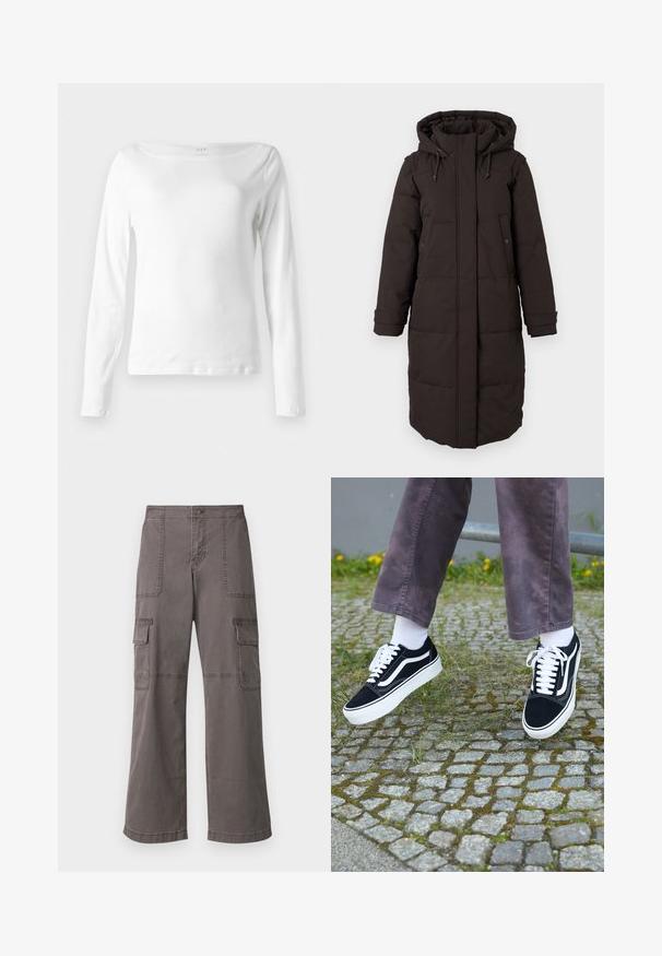 Caban lung din material padding negru, cu glugă, fermoar frontal acoperit de o clapetă, două buzunare cu capse și curele de ajustare la mânici.; Tricou alb cu mânecă lungă, fabricat din bumbac moale, cu un guler tip barcă și un design ajustat, având detalii minime de cusătură la tiv.; Pantaloni cargo gri, din bumbac, cu un design cu picioare largi, având două buzunare frontale, două buzunare laterale și detalii de cusătură vizibile.; Adidași negri din suede cu accente albe, având vârful rotunjit, talpă groasă albă și un design clasic cu șireturi, purtați cu șosete albe și pantaloni mov.
