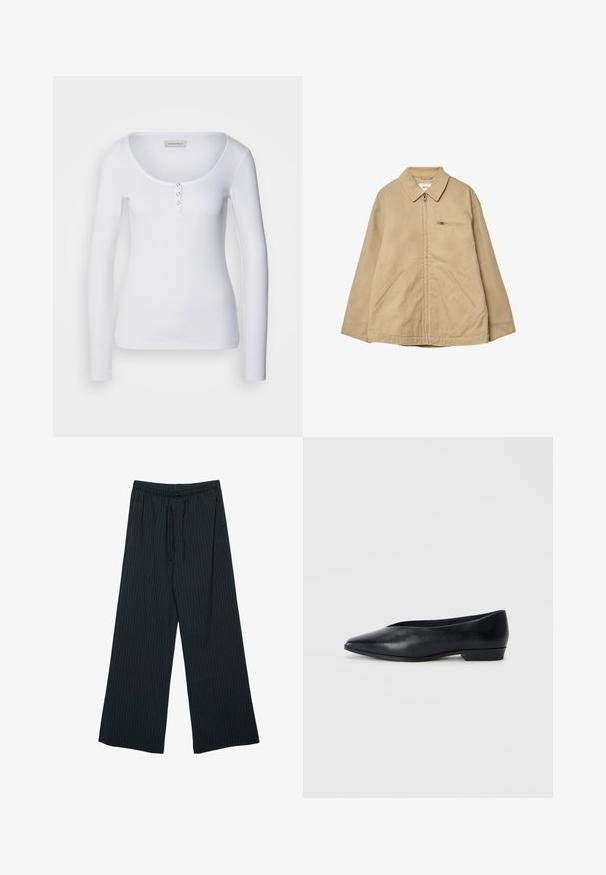 Beige ritsjack met een corduroy kraag, twee zijzakken en een borstzak. Gemaakt van lichte stof met een gladde textuur.; Witte lange mouwen top met een scoop halslijn, geribbelde textuur en drie zilveren knopen als accent op de voorplacket.; Zwarte pinstripe wijde broek met een elastische tailleband en een trekkoord. Soepele stof met verticale strepen voor een nette uitstraling.; Zwart leren platte schoen met een spitse neus, iets verhoogde hak en een glad oppervlak. Eenvoudig ontwerp zonder zichtbare hardware of patronen.