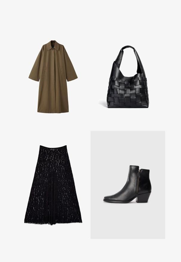 Długie, brązowe płaszcz z mieszanki bawełny z kołnierzem, dwoma przednimi kieszeniami i szerokimi rękawami, o prostym kroju i minimalistycznym designie.; Czarna, luźno dopasowana bluzka z dekoltem w serek i długimi rękawami, wykonana z miękkiego materiału. Prosty krój z prostym dołem i bez wyraźnych wzorów czy akcentów.; Czarna koronkowa spódnica o rozkloszowanym kroju, z teksturowanym wzorem i gładkim paskiem w talii, długości do kolan, z wyściółką wewnętrzną.; Czarne skórzane botki za kostkę z ostro zakończonym noskiem, bocznym zamkiem błyskawicznym i grubym obcasem. Gładka faktura i minimalistyczny design.; Czarna skórzana torebka typu tote o luźnym kształcie i szerokim pasku na ramię. Posiada teksturowany, pleciony wzór z gładkim wykończeniem.