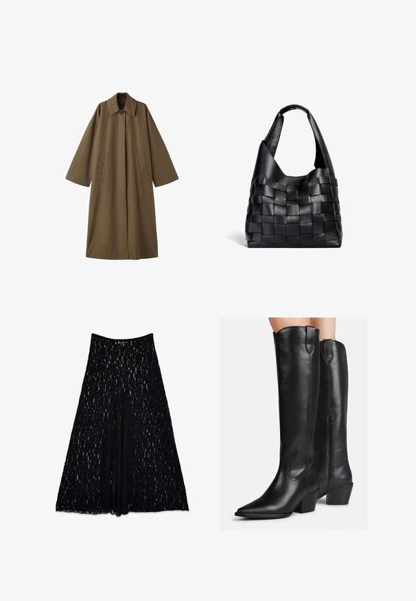 Długie, brązowe płaszcz z mieszanki bawełny z kołnierzem, dwoma przednimi kieszeniami i szerokimi rękawami, o prostym kroju i minimalistycznym designie.; Czarna, luźno dopasowana bluzka z dekoltem w serek i długimi rękawami, wykonana z miękkiego materiału. Prosty krój z prostym dołem i bez wyraźnych wzorów czy akcentów.; Czarna koronkowa spódnica o rozkloszowanym kroju, z teksturowanym wzorem i gładkim paskiem w talii, długości do kolan, z wyściółką wewnętrzną.; Czarne skórzane botki sięgające do kolan, z ostrym noskiem, słupkiem i dekoracyjnym przeszyciem. Zamek błyskawiczny z boku oraz uchwyt na górze ułatwiają zakładanie.; Czarna skórzana torebka typu tote o luźnym kształcie i szerokim pasku na ramię. Posiada teksturowany, pleciony wzór z gładkim wykończeniem.