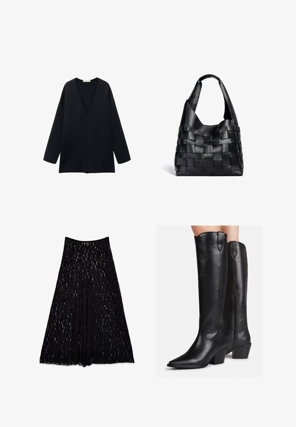 Długie, brązowe płaszcz z mieszanki bawełny z kołnierzem, dwoma przednimi kieszeniami i szerokimi rękawami, o prostym kroju i minimalistycznym designie.; Czarna, luźno dopasowana bluzka z dekoltem w serek i długimi rękawami, wykonana z miękkiego materiału. Prosty krój z prostym dołem i bez wyraźnych wzorów czy akcentów.; Czarna koronkowa spódnica o rozkloszowanym kroju, z teksturowanym wzorem i gładkim paskiem w talii, długości do kolan, z wyściółką wewnętrzną.; Czarne skórzane botki sięgające do kolan, z ostrym noskiem, słupkiem i dekoracyjnym przeszyciem. Zamek błyskawiczny z boku oraz uchwyt na górze ułatwiają zakładanie.; Czarna skórzana torebka typu tote o luźnym kształcie i szerokim pasku na ramię. Posiada teksturowany, pleciony wzór z gładkim wykończeniem.