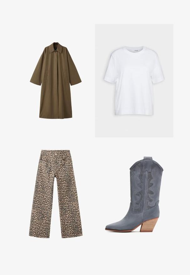 Pitkä, ruskea, puuvillasekoitteen takki, jossa on kaulus, kaksi etutaskua ja leveät hihat, suoralla leikkauksella ja minimalistisella muotoilulla.; Valkoinen lyhythihainen t-paita, pyöreä kaula-aukko, pehmeästä ja sileästä puuvillakankaasta valmistettu, suora helma ja minimalismi yksityiskohdissa. Yksinkertainen ja monikäyttöinen muotoilu.; Kankahousut, jotka on valmistettu denimiistä, tan-värisestä kankaasta mustalla leopardikuvioinnilla; sisältää viisi taskua ja etupainikkeen sulkemisen.; Harmaat mokkanahka cowboy-kengät, joissa on terävä kärki, rei'itetty malli ja pinottu puukorko. Varustettu koristeellisella kiemurakoristeella ylhäällä.