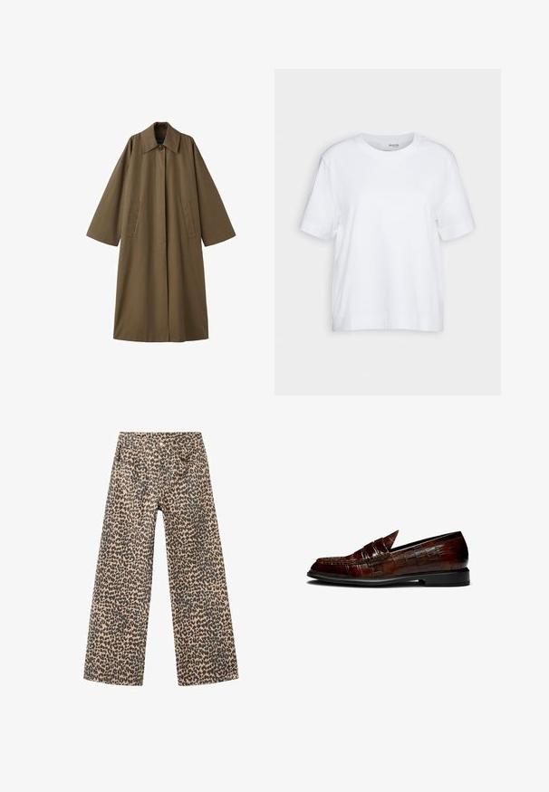 Long, brown, cotton blend coat with a collar, two front pockets, and wide sleeves, featuring a straight cut and minimalistic design.; White short-sleeve t-shirt, crew neck, made of soft, smooth cotton fabric, with a straight hem and minimal detailing. Plain and versatile design.; Wide-leg pants made of denim in a tan fabric with a black leopard print pattern; features five pockets and front button closure.; Brown leather loafers with a crocodile texture, featuring a low heel and a pointed toe design. Accent stitching along the edges.