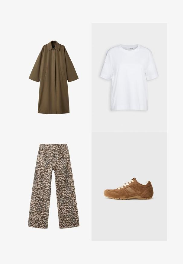 Langer, brauner Baumwollmischungsmantel mit Kragen, zwei Fronttaschen und weiten Ärmeln, ausgestattet mit gerader Schnittführung und minimalistischen Design.; Weißes T-Shirt mit kurzen Ärmeln, Rundhalsausschnitt, aus weichem, glattem Baumwollstoff, mit geradem Saum und minimaler Ausstattung. Schlichtes und vielseitiges Design.; Kombination aus weit geschnittenen Jeanshose aus tanfarbendendem Denim mit schwarzem Leopardenmuster; verfügt über fünf Taschen und eine vordere Knopfleiste.; Wildleder-braune Sneakers mit cremefarbenen Schnürsenkeln, strukturierten Seitenpaneelen und einer gummierten Sohle mit Rillen. Abgerundete Zehenform und gepolsterter Kragen.