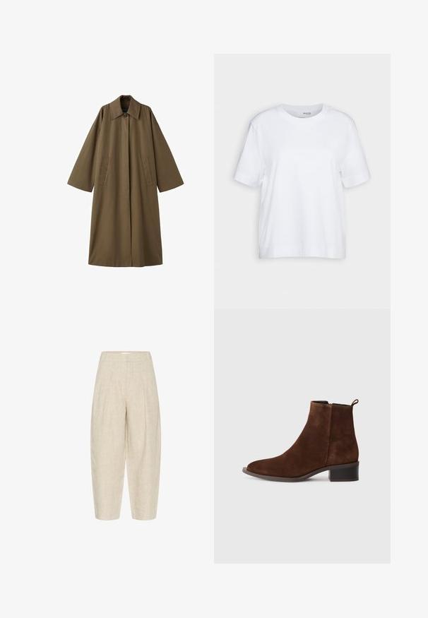 Pitkä, ruskea, puuvillasekoitteen takki, jossa on kaulus, kaksi etutaskua ja leveät hihat, suoralla leikkauksella ja minimalistisella muotoilulla.; Valkoinen lyhythihainen t-paita, pyöreä kaula-aukko, pehmeästä ja sileästä puuvillakankaasta valmistettu, suora helma ja minimalismi yksityiskohdissa. Yksinkertainen ja monikäyttöinen muotoilu.; Beige pellavahousut löysällä istuvuudella, joissa on pleats vyötäröllä, lyhennetty pituus ja teksturoitu, kudottu kangas.; Ruskea mokkanahkainen nilkkabotti, jossa on pyöreä kärki, matala lohko korko ja sivu vetoketju. Takana on vetotappi helpon pukemisen vuoksi.