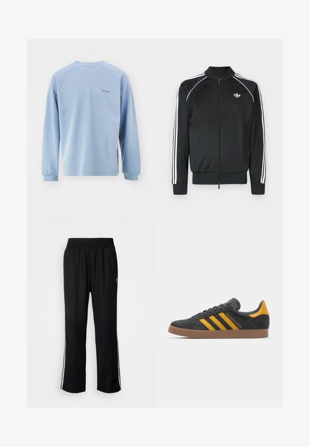 Casaco de treino preto com fecho, feito de material sintético liso. Apresenta faixas de cor branca ao longo das mangas e um pequeno logótipo no peito.; Blusa de manga longa azul clara com decote em V, punhos canelados e aberturas laterais. Apresenta um logotipo discreto no peito. Fabricada em tecido macio.; Calças atléticas pretas com um cós elástico, apresentando riscas brancas laterais e um pequeno logótipo. O material parece macio e leve.; Tenis em camurça preta com detalhes amarelos, apresentando três riscas e uma sola de borracha castanha. Inclui uma língua acolchoada para maior conforto.