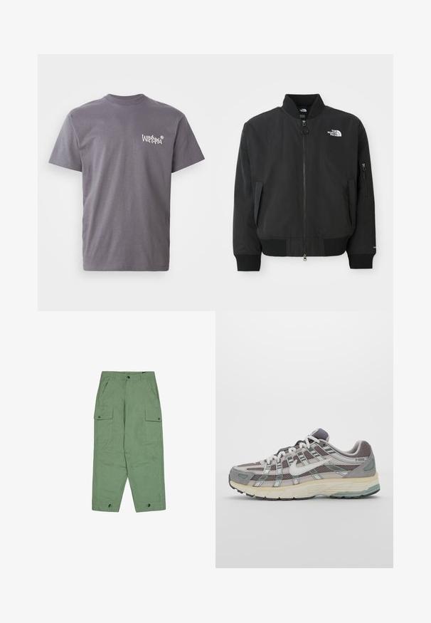 Crna bomber jakna od glatkog materijala, s okruglim izrezom, rebrastim manžetama i bočnim džepovima na zatvarač. Logo The North Face nalazi se na prsima.; Siva pamučna majica s okruglim izrezom i kratkim rukavima, s bijelim logotipom "Witopia" otisnutim na lijevoj strani prsnog područja.; Zelene cargo hlače s opuštenim krojem, dva velika bočna džepa i podesivim manžetama na gležnjevima. Izrađene su od teksturiranog pamučnog materijala.; Siva sportska tenisica s gornjim dijelom od mrežaste tkanine i zamshta, bijelim detaljima, amortizirajućom potplatom i prepoznatljivim dizajnom s refleksivnim elementima.