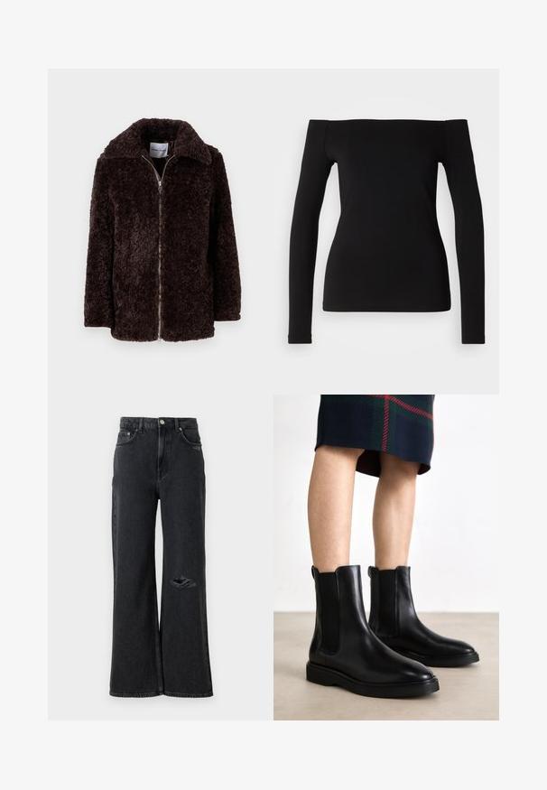 Brązowa, puszysta kurtka z szerokim kołnierzem, zamkiem błyskawicznym i długimi rękawami. Miękka tekstura i luźny krój. Brak widocznych kieszeni i wzorów.; Czarny top z długim rękawem, odsłaniający ramiona, wykonany z gładkiego materiału, dopasowany krój i bezszwowy dół. Prosty i minimalistyczny styl.; Szerokie czarne dżinsy z wysokim stanem, z przetarciem na lewym kolanie oraz klasycznymi metalowymi guzikami i nitami.; Calvin Klein - Botki