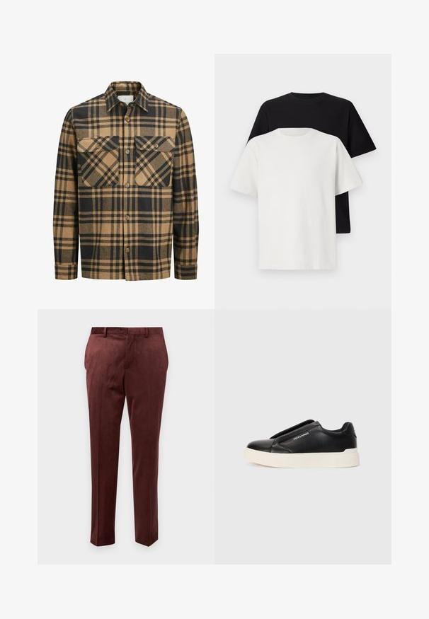 Ruuduline särk, mis on valmistatud kangast, millel on beeži ja musta mustriga. Sel on kaks rinna taskut ja nööpide sulgemine, samuti terav krae.; Puuvillane t-särkide komplekt, mis sisaldab musta ja valget särk, mõlemad lühikeste varrukatega, ümmarguse kaelusega ja standardse lõikega. Tekstuuriga kangas.; Burgundia värvi püksid siledast kangast, millel on kohandatud lõige, lapikutega esikülg, sisepocketid ja peen sära.; Must musta kingad tekstureeritud nahast pealmise osaga, valge kummist tallaga ja nähtamatute paeltega. Küljel on brändi logo.