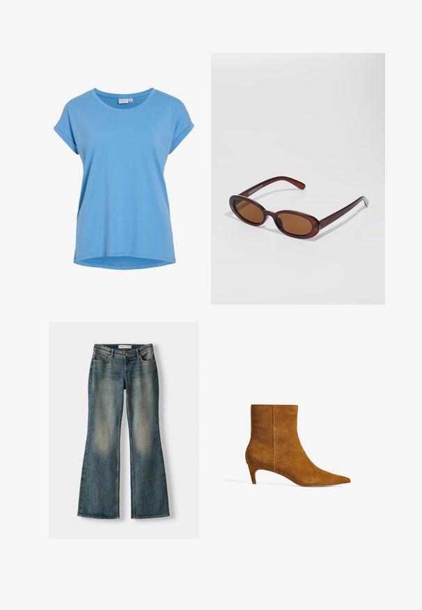 Giacca in pile marrone con zip frontale, collo ampio e orlo elasticizzato. Presenta tasche laterali e una finitura morbida e testurizzata.; Maglione bianco lavorato a maglia con scollatura a V e maniche lunghe. Presenta un motivo a diamante testurizzato e un piccolo logo sul lato sinistro del petto.; T-shirt blu chiaro a maniche corte con scollo rotondo, in morbido cotone e con una vestibilità rilassata. Presenta maniche arrotolate e orlo curvo.; Jeans flare blu con lavaggio sbiadito, cinque tasche e chiusura con bottone. Il materiale presenta una trama in denim con dettagli di cucitura sottili.; Stivale alla caviglia in suede marrone con punta affilata e tacco basso a rocchetto. Il design presenta una texture liscia e una tomaia senza cuciture.; Occhiali da sole rotondi con tonalità marrone, montatura lucida color bordeaux. Aste sottili con un sottile dettaglio del marchio. Design delle lenti piatte.; Borsa hobo in suede marrone con una forma morbida, caratterizzata da un manico curvo e dettagli a pannello triangolare su parte anteriore e posteriore.