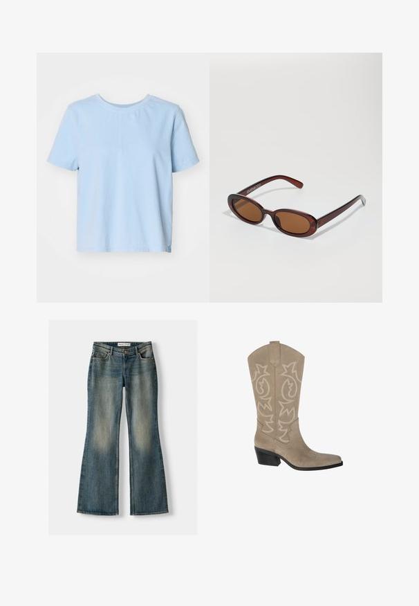 Brązowa polarowa kurtka z zamkiem z przodu, szerokim kołnierzem i elastycznym dołem. Posiada boczne kieszenie i miękkie, teksturowane wykończenie.; Biały sweter dzianinowy z dekoltem w serek i długimi rękawami. Posiada strukturalny wzór w romby oraz małe logo na lewej piersi.; Jasnoniebieska bawełniana koszulka z krótkim rękawem, okrągłym dekoltem i prostym krojem. Posiada boczny rozporek dla dodatkowego stylu i wygody.; Niebieskie dżinsy w fasonie dzwonów z wyblakłym wykończeniem, pięcioma kieszeniami i zapięciem na guzik. Materiał ma fakturę dżinsu z subtelnymi detalami szycia.; PULL&BEAR - Kowbojki i obuwie motocyklowe; Okrągłe, brązowe okulary przeciwsłoneczne z błyszczącą bordową oprawą. Cienkie ramiona z subtelnym detalem marki. Płaski kształt soczewek.; Brązowa zamszowa torba hobo o luźnym kształcie, z zakrzywioną rączką u góry oraz trójkątnymi detalami na przodzie i tyle.