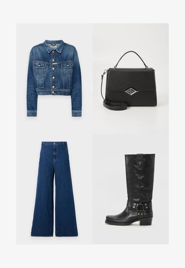 Skrócona kurtka dżinsowa w średnim niebieskim kolorze z srebrnymi metalowymi guzikami, dwoma przednimi kieszeniami i klasycznym kołnierzykiem. Zniszczona tekstura wzdłuż szwów.; Replay - Bluzka z długim rękawem; Replay - Jeansy Straight Leg; Czarne skórzane wysokie do kolan botki z zaokrąglonym noskiem, paskiem z metalowymi elementami w kolorze srebra oraz niskim, wąskim obcasem. Na boku wygrawerowane "REPLAY MFG. CO".; Czarna syntetyczna torebka o ustrukturyzowanym designie, z górnym uchwytem, odpinanym paskiem na ramię i srebrnym logo w kształcie diamentu z przodu.