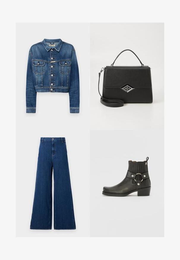 Avkortad denimjacka i medelblå med silvermetallknappar, två framfickor och klassisk krage. Sliten textur längs sömmarna.; Replay SQUARED NECK - Långärmad tröja - red; Replay PANTS - Jeans straight leg - dark blue; Svarta läderankelstövlar med rund tå, ribbade elastiska sidor, en metallring som accent och låg blockklack.; Svart syntetisk handväska med en strukturerad design, ovanhandtag, avtagbar axelrem och silverfärgad diamantsymbolet på framsidan.