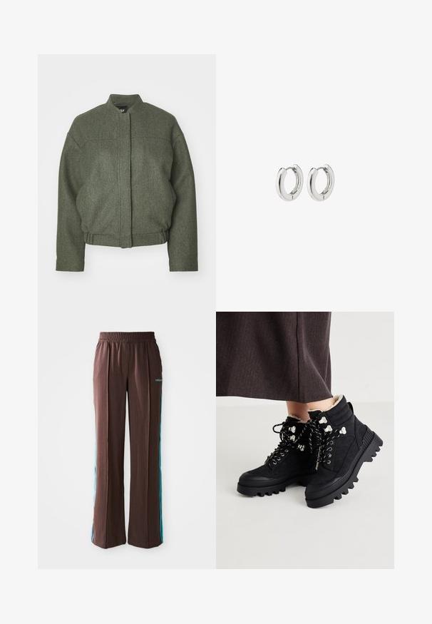 Zelena jakna iz volnene mešanice z visoko ovratnikom, širokim krojem, skrajšanim robom in dvema sprednjima žepekoma. Teksturni material z minimalnimi detajli šivanja.; Komplet treh majic s kratkimi rokavi v črni, sivi in beli barvi. Izdelane iz bombaža, z okroglim izrezom in preprostim, enobarvnim dizajnom.; Rjave športne hlače z ribasto teksturo, elastičnim pasom in turkiznimi stranskimi črtami. Na sprednji strani je logotip adidas.; Črne gležnjarje z teksturirano zamškasto zgornjimi deli, debelim gumijastim podplatom, kovinskimi okovji in kontrastnimi vezalkami za varno zapenjanje. Vidna je puhasta podloga.; Srebrni obročasti uhani s poliranim finišom, ki se ponašajo s krožno zasnovo in brezšivnimi tečaji ter gladko teksturo.