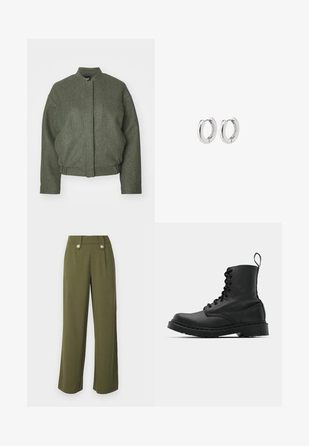 Veste en mélange de laine verte avec col montant, coupe oversized, ourlet court et deux poches avant. Tissu texturé avec des détails de couture minimaux.; Ensemble de trois t-shirts à manches courtes en noir, gris et blanc. Fabriqués en coton, avec un col rond et un design simple de couleur unie.; Pantalons à larges jambes de couleur vert olive en tissu lisse, avec deux poches avant et des boutons décoratifs en métal argenté à la taille.; Botte de combat en cuir noir avec un bout rond, un laçage à l'avant et une sangle au niveau de la cheville. Dispose d'une semelle en caoutchouc épaisse pour une durabilité optimale.; Boucles d'oreilles en argent avec une finition polie, présentant un design circulaire et des charnières sans soudure, affichant une texture lisse.