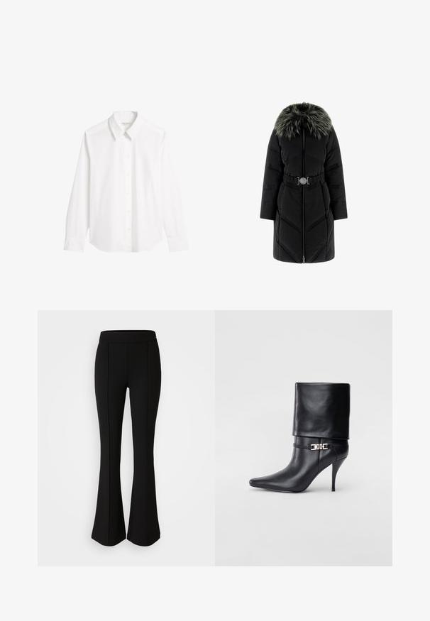 Black puffer coat with a chevron pattern, featuring a faux fur collar, long sleeves, and a cinched waist with a decorative belt buckle.; White long-sleeve shirt made of smooth cotton. Features a pointed collar, button closure, and rounded hem with button cuffs.; Black flared pants made of a stretchy material with a smooth texture, featuring seam details along the front for added design.; Black leather ankle boot with a pointed toe, high stiletto heel, fold-over cuff, and a gold decorative buckle detail on the ankle.