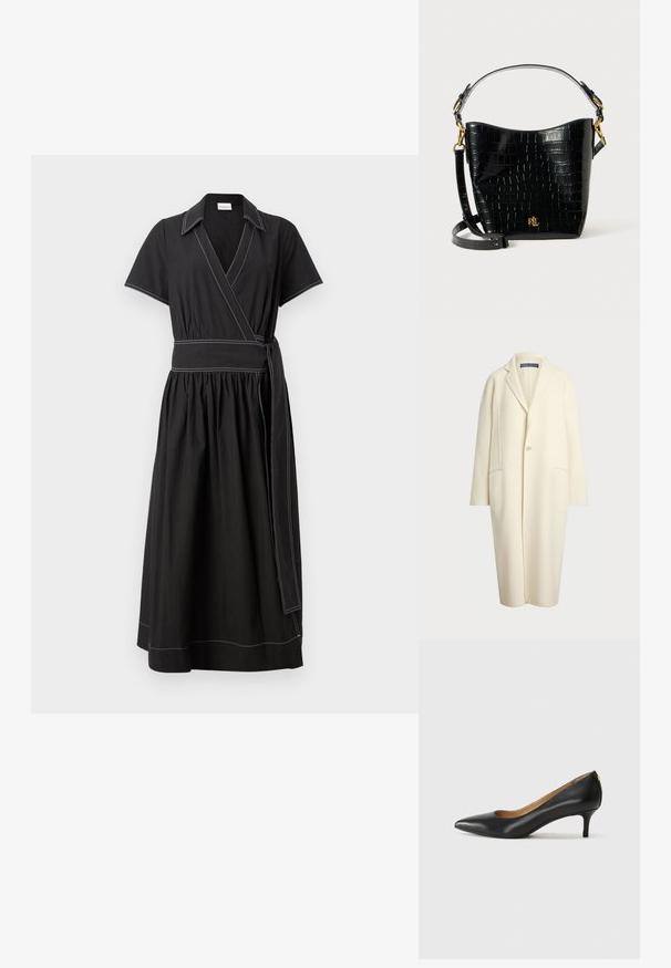 Polo Ralph Lauren DOUBLE FACED WOOL COAT - Klasický kabát - cream; Čierne obopínajúce šaty s krátkymi rukávmi, golierom a širokým pásom. Sú zdobené kontrastným bielym šitím a naberanou sukňou.; Čierny kožený podpatek s špicatou špičkou, nízkym opätkom a hladkým povrchom. Obsahuje mierne otvorenie vpredu a minimálne kovové detaily na zadnej strane.; Čierna kabelka z kože s embosovaným hadím vzorom, zakriveného tvaru, so zlatými kovovými doplnkami, nastaviteľným popruhom a detailom loga na prednej strane.