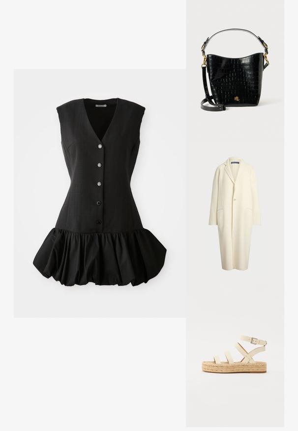 Polo Ralph Lauren DOUBLE FACED WOOL COAT - Klassischer Mantel - cream; Schwarzes ärmelloses Kleid mit tiefem V-Ausschnitt, Knopfleiste und rüschiertem Saum. Aus glattem Stoff mit strukturiertem Oberteil und weicher Textur gefertigt.; Hellbeige Leder-espadrillesandalette mit vier überkreuzten Riemen und einem Knöchelverschluss, ausgestattet mit einer geflochtenen Jutesohle und einer flachen Gummisohle.; Schwarze, krokodilgeprägte Lederhandtasche mit geschwungener Form, goldfarbenen Hardware-Akzenten, einem verstellbaren Riemen und einem Logodetail auf der Vorderseite.