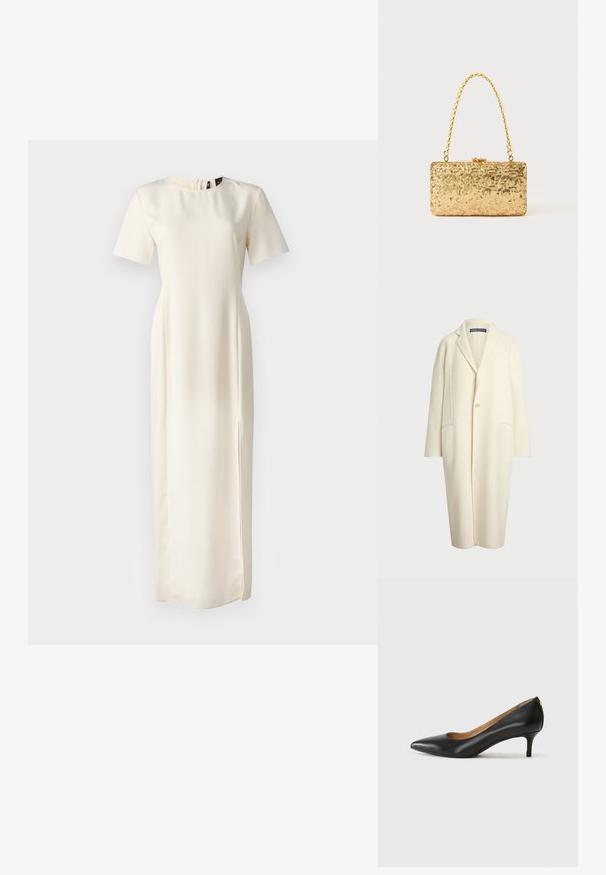 Polo Ralph Lauren DOUBLE FACED WOOL COAT - Klasisks mētelis - cream; Marella PATTO - Dienas kleita - wool white; Melnas ādas augstpapēžu kurpes ar pīlādžu purngalu, zemu papēdi un gludu virsmu. Raksturīga neliela atvere priekšā un minimāls aprīkojums aizmugurē.; Zelta sekmju soma ar taisnstūra formu, kurai ir savīti ķēdes rokturi un metāla aizdare, kas atspoguļo gaismu ar teksturētu apdari.