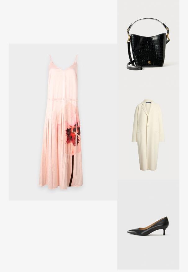 Polo Ralph Lauren DOUBLE FACED WOOL COAT - Classic coat - cream; MAX&Co. CURLY - Occasion wear - weiss; Black leather pump with a pointed toe, low heel, and a smooth texture. Features a slight opening at the front and minimal hardware at the back.; Black croc-embossed leather bag with a curved shape, gold hardware accents, an adjustable strap, and a logo detail at the front.