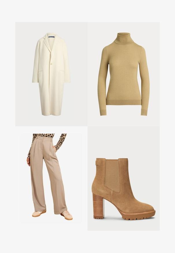 Polo Ralph Lauren DOUBLE FACED WOOL COAT - Klasisks mētelis - cream; Gaišais beidzis džemperis ar augstu apkakli, izgatavots no gluda, mīksta dzijas. Tam ir garas piedurknes un pieguļošs siluets ar ribotu apakšmali.; Bēša plata kāju bikses ar iegulētiem priekšējiem pleciem, augsta jostasvieta, sānu kabatas, kombinētas ar gaišām kedām. Audums izskatās gluds un strukturēts.; Brūni zamšaini potītes zābaki ar bloku papēdi, elastīgu sānu paneli un gumijas zoli ar protektora rakstu, lai nodrošinātu saķeri.