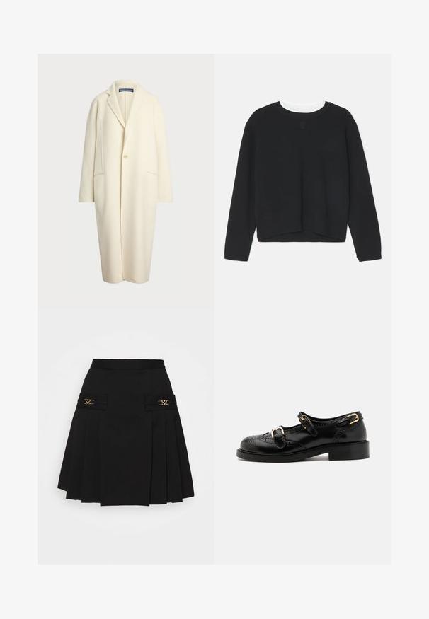 Polo Ralph Lauren DOUBLE FACED WOOL COAT - Klassikaline mantel - cream; Must mustreeningud, pikad varrukad, ümar kaelus ja veidi lühem hem. Valmistatud pehmest kangast, ees on peen logo detail.; Must mustriga seelik kuldsete detailidega. Omab küljetaskuid logodetailidega, valmistatud siledast materjalist. A-laineline siluett.; Mustal nahast kingad brogue-tekstiiliga, millel on kaks pandla rihma, ümar varvas ja madal konts. Sujuv tekstuur ja läikiv viimistlus.