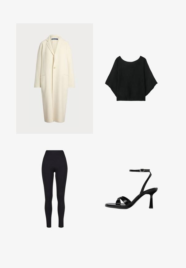 Polo Ralph Lauren DOUBLE FACED WOOL COAT - Klasičan kaput - cream; Crna pletena majica s širokim rukavima, izrezom u obliku suze i opuštenim krojem. Tkanina ima rebrastu teksturu, bez kopčanja ili uzoraka.; Crne tajice visokog struka, izrađene od rastezljivog materijala, s glatkom teksturom i tjelesnim dizajnom bez vidljivih šavova ili uzoraka.; Crna sandala s tankim remenčićima i potpeticom, sa kvadratnim vrhom. Ima tanak remen oko gležnja, sjajni kožni materijal i štiklu.